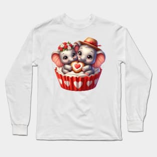 Valentine Elephant Couple In A Cupcake Long Sleeve T-Shirt